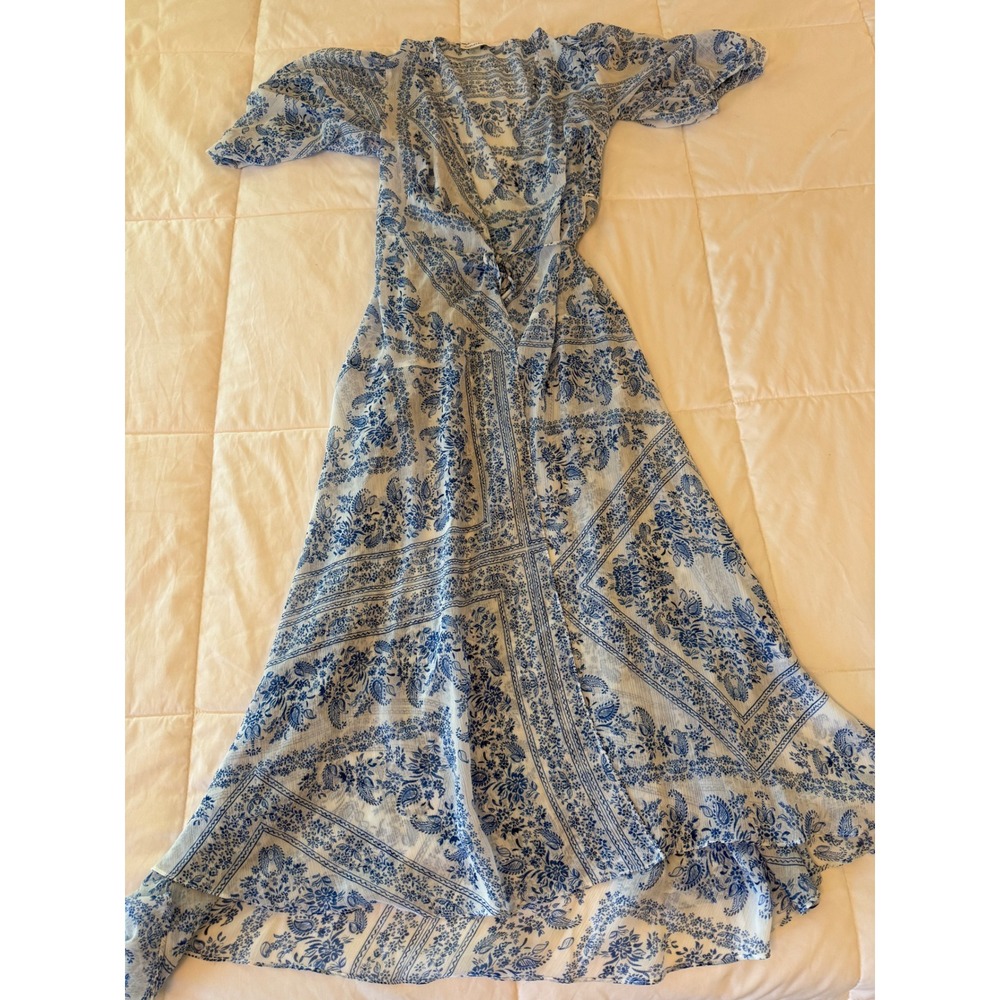 Calvin Klein Blue Sheer Paisley Bandana Print Wrap Midi Dress Womens Flutter Slv